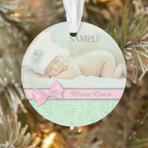 Pink Bow Green Pastel Baby eerste kerstfoto Ornament