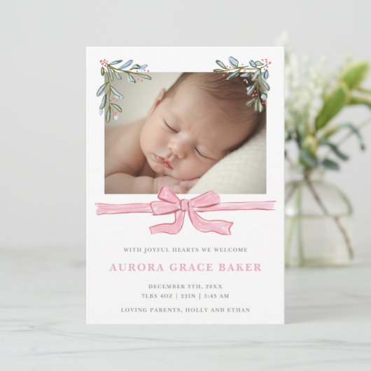 Pink Bow Greenery Christmas Baby Aankondiging (Staand voorkant)