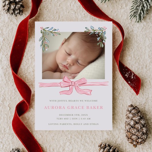 Pink Bow Greenery Christmas Baby Aankondiging
