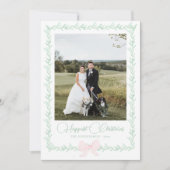 Pink Bow Greenery Traditional Kerstfoto Feestdagenkaart (Voorkant)