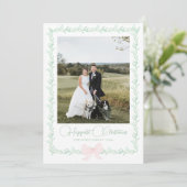 Pink Bow Greenery Traditional Kerstfoto Feestdagenkaart (Staand voorkant)