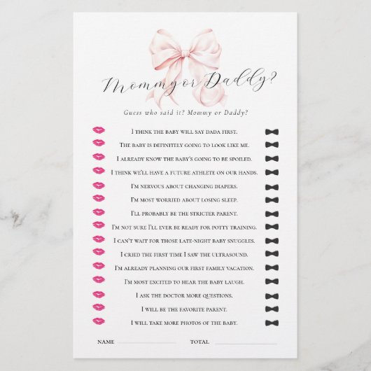 Pink Bow Guess Wie Baby shower spel Briefpapier (Voorkant)