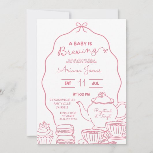 Pink Bow Hand Doodle Een Baby is brouwen baby show Kaart (Voorkant)