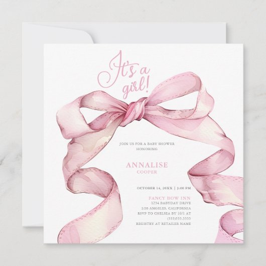 Pink Bow Het is een meisje Baby shower Kaart (Voorkant)