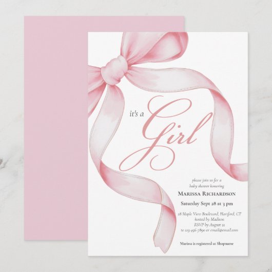 Pink Bow Het is een meisje Baby shower Kaart (Voorkant / Achterkant)