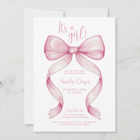 Pink Bow Het is een meisje Baby shower Kaart (Voorkant)