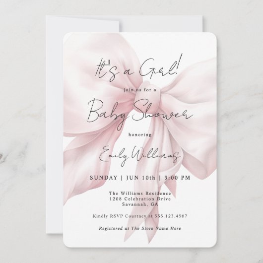 Pink Bow Het is een meisje Baby shower Kaart (Voorkant)