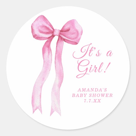 Pink Bow Het is een meisje Baby shower Ronde Sticker (Voorkant)