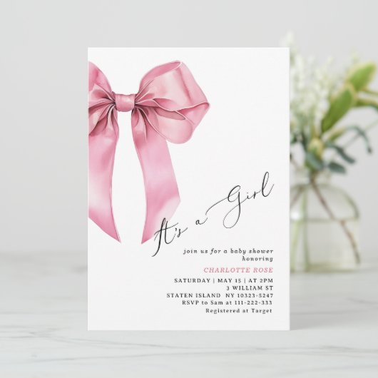 Pink Bow Het is een meisje elegant Baby shower Kaart (Staand voorkant)
