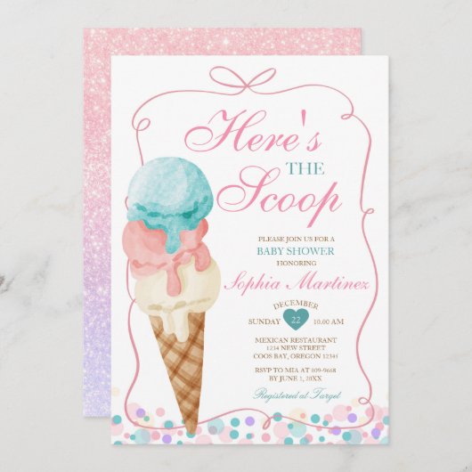 Pink Bow Hier is het Scoop Ice Cream Baby shower Kaart (Voorkant / Achterkant)