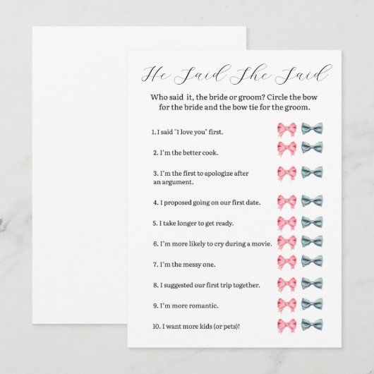 Pink Bow Hij zei dat ze spel zei - Vrijgezellenfee Kaart (Voorkant / Achterkant)