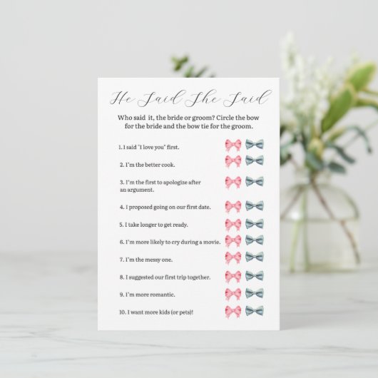 Pink Bow Hij zei dat ze spel zei - Vrijgezellenfee Kaart (Staand voorkant)