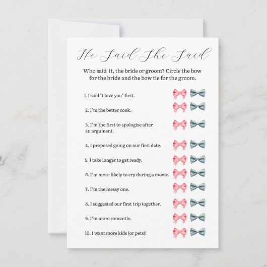 Pink Bow Hij zei dat ze spel zei - Vrijgezellenfee Kaart (Voorkant)