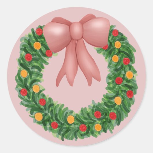 Pink Bow Holiday Wreath Ronde Sticker (Voorkant)