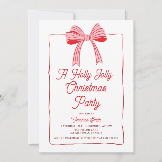 Pink Bow Holly Holiday Party Festive Kaart (Voorkant)