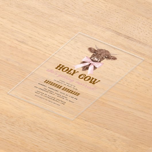 Pink Bow Holy Koe Western Cowgirl Vrijgezellenfees Acryl Uitnodigingen (Laagn)