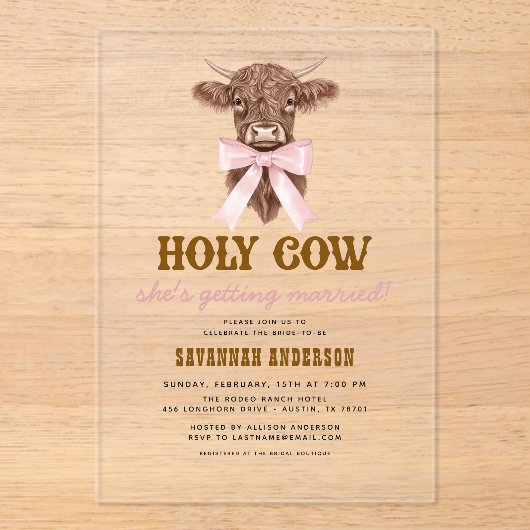 Pink Bow Holy Koe Western Cowgirl Vrijgezellenfees Acryl Uitnodigingen (Voorkant)