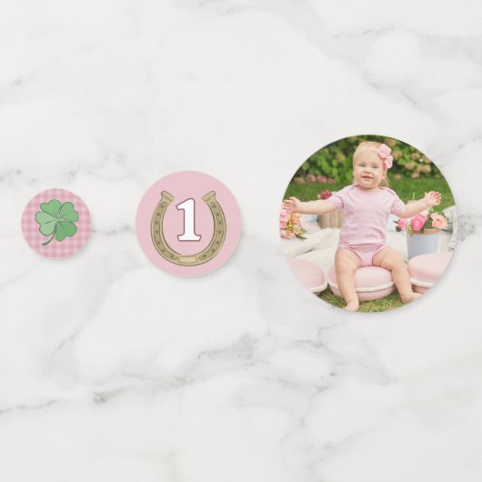 Pink Bow Horseshoe Clover Lucky One Birthday Confetti (Achterkanten)
