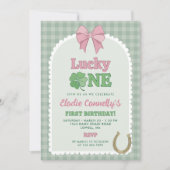 Pink Bow Horseshoe Clover Lucky One Birthday Kaart (Voorkant)