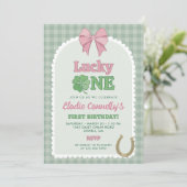Pink Bow Horseshoe Clover Lucky One Birthday Kaart (Staand voorkant)