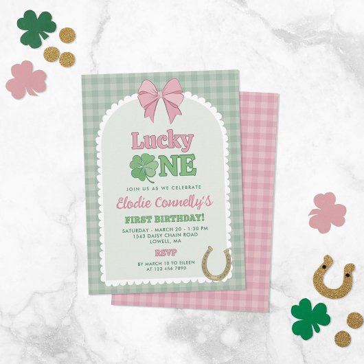 Pink Bow Horseshoe Clover Lucky One Birthday Kaart