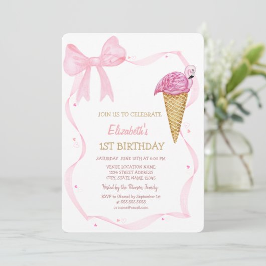 Pink Bow Ice Cream Gestreepte Verjaardag Kaart (Staand voorkant)