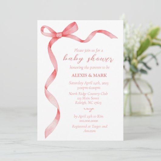 Pink Bow Invitation voor Baby shower Kaart (Staand voorkant)
