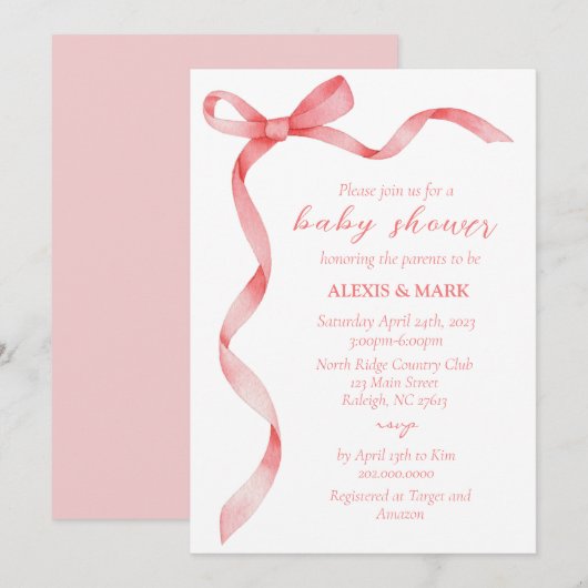Pink Bow Invitation voor Baby shower Kaart (Voorkant / Achterkant)