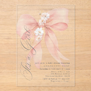 Pink Bow Is een meisje Floral pastel Baby shower Acryl Uitnodigingen