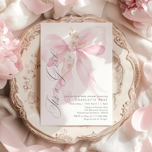 Pink Bow Is een meisje Floral pastel Baby shower Kaart