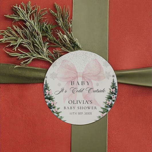 Pink Bow It's Cold Outside Baby Shower Sticker