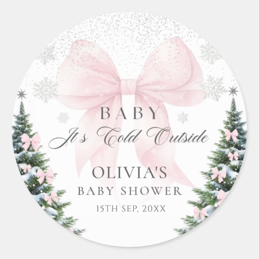 Pink Bow It's Cold Outside Baby Shower Sticker (Voorkant)