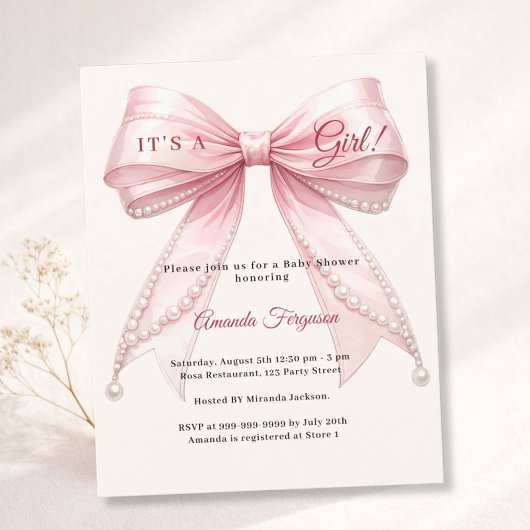 Pink bow ivory it's a girl Baby Shower invitation