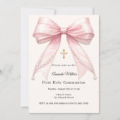 Pink bow ivory pearls girl elegant First Communion Kaart (Voorkant)