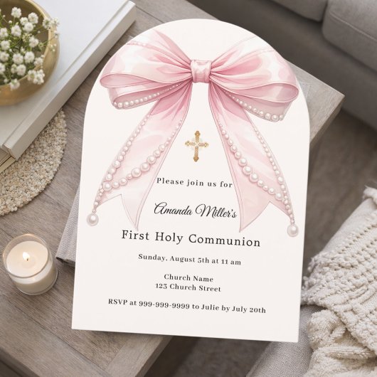 Pink bow ivory pearls girl First Communion Arch Kaart