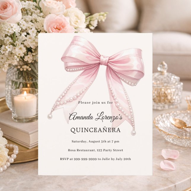 Pink bow ivory pearls Quinceanera invitation (Creator heeft geüpload)