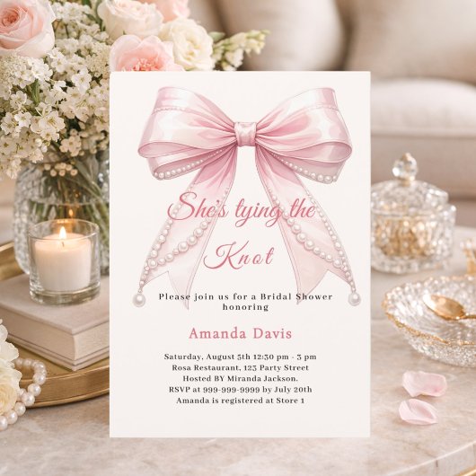 Pink bow ivory pearls tying knot Bridal Shower Kaart