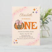 Pink Bow Leopard Pumpkin Girl 1e verjaardag Kaart (Staand voorkant)