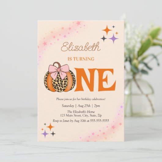 Pink Bow Leopard Pumpkin Girl 1e verjaardag Kaart (Staand voorkant)