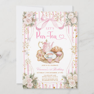 Pink Bow Let’s Par-tea Girl Birthday Snowflakes Kaart