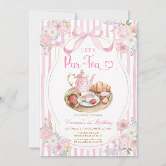 Pink Bow Let’s Par-tea Girl Birthday Stripe Floral Kaart