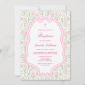 Pink Bow Lijst Rozen Doop Kaart (Voorkant)