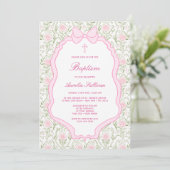 Pink Bow Lijst Rozen Doop Kaart (Staand voorkant)
