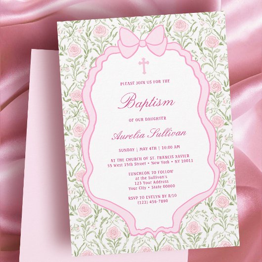 Pink Bow Lijst Rozen Doop Kaart