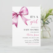 Pink Bow lint Baby shower Het is een meisje Kaart (Staand voorkant)