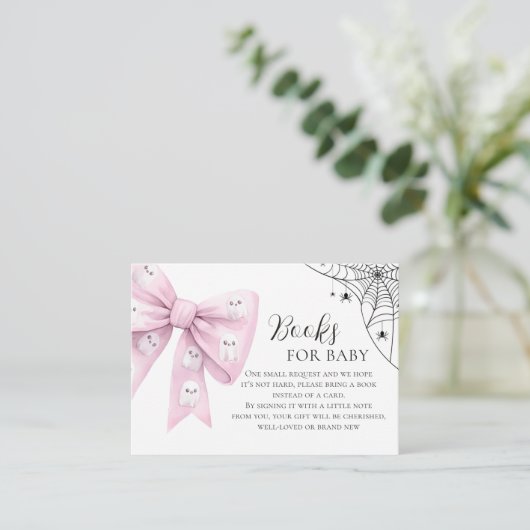 Pink Bow Little Boo Baby shower Boeken voor Baby Informatiekaartje (Staand voorkant)