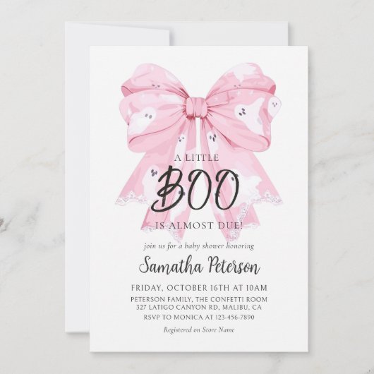 Pink Bow Little Boo Ghost Baby shower Uitnodiging (Voorkant)
