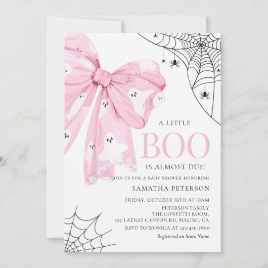 Pink Bow Little Boo Ghost Baby shower Uitnodiging (Voorkant)