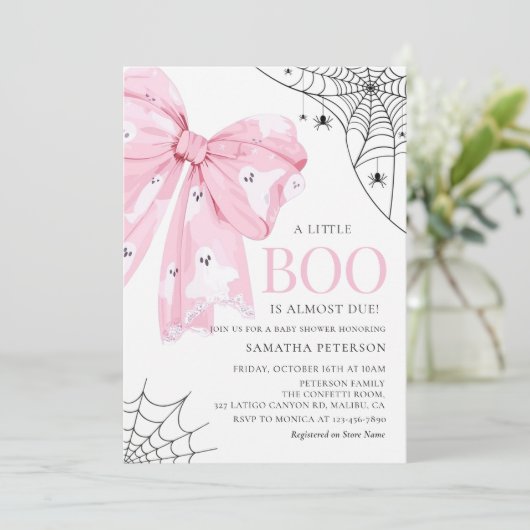 Pink Bow Little Boo Ghost Baby shower Uitnodiging (Staand voorkant)