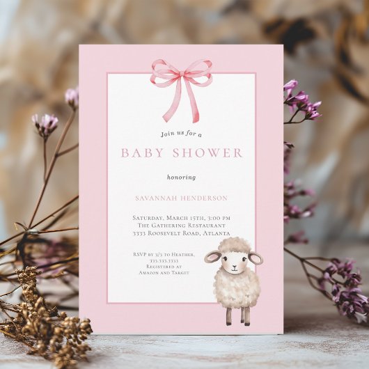 Pink Bow Little Lamb Baby shower Kaart